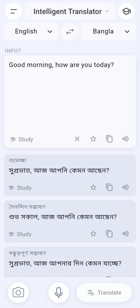Intelligent Translator-এ “Good morning, how are you today?” বাক্যের চারটি বাংলা অনুবাদ, প্রতিটির সাথে তার প্রসঙ্গ।